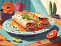 Burrito meat vegetables blue plate rustic table Royalty Free Stock Photo