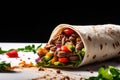 A burrito with meat and vegetables on a white surface. Generative AI.
