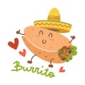 Burrito in mexican hat sombrero. Cartoon food character. Isolated image on white background. Comic trendy style kawaii person. Royalty Free Stock Photo