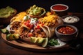 burrito and nachos platter with sizzling fajita meat, spicy salsa, and melted cheese