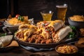 burrito and nachos platter with sizzling fajita meat, spicy salsa, and melted cheese