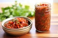 a burrito next to jar of homemade salsa