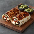 A burrito split in two on a cutting board, next to a side of guacamole Royalty Free Stock Photo