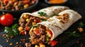 Burritos wraps with beef and vegetables on black background