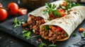 Burritos wraps with beef and vegetables on black background