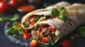 Burritos wraps with beef and vegetables on black background