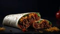 Burritos wraps with beef and vegetables on black background. Beef burrito. AI Generative