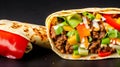 Burritos wraps with beef and vegetables on black background. Beef burrito, mexican food, AI Generative Illustration Graphic Design