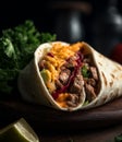 Burritos wraps with beef and vegetables on black background. Beef burrito, mexican food