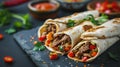 Burritos wraps with beef and vegetables on black background Royalty Free Stock Photo