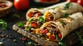 Burritos wraps with beef and vegetables on black background Royalty Free Stock Photo