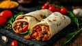 Burritos wraps with beef and vegetables on black background Royalty Free Stock Photo