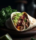 Burritos wraps with beef and vegetables on black background. Mexican beef burrito