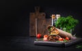 Burritos wraps with beef and vegetables on dark wooden background. Royalty Free Stock Photo