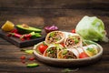 Burritos wraps with beef and vegetables on a wooden background. Royalty Free Stock Photo