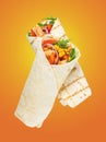 Burritos wraps with fried chicken meat and vegetables