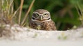 Burrowing owl ilts its head out.