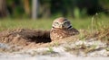 Burrowing owl ilts its head out.