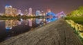 Night photo and colorful city lights and reflection at river in Bursa