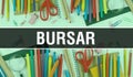 Bursar with School supplies on blackboard Background. Bursar text on blackboard with school items and elements. Back to School and Royalty Free Stock Photo