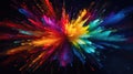 A burst of bright multi-colored paints on a dark background