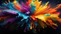 A burst of bright multi-colored paints on a dark background