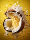 Coconut explosion against a pure yellow background Royalty Free Stock Photo