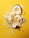Coconut explosion against a pure yellow background Royalty Free Stock Photo