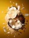 Coconut explosion against a pure yellow background Royalty Free Stock Photo