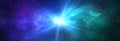 Burst of light in space. Night starry sky and bright blue green galaxy, horizontal background banner Royalty Free Stock Photo