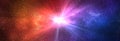 Burst of light in space. Night starry sky and bright blue red galaxy, horizontal background banner Royalty Free Stock Photo