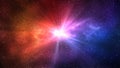 Burst of light in space. Night starry sky and bright blue red galaxy, horizontal background Royalty Free Stock Photo