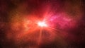 Burst of light in space. Night starry sky and bright red galaxy, horizontal background Royalty Free Stock Photo