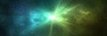 Burst of light in space. Night starry sky and bright yellow green galaxy, horizontal background banner Royalty Free Stock Photo