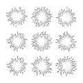 Burst line vector icon, sun star set, retro circle sunshine, black starburst drawn element. Simple round illustration