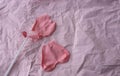 A burst pink balloon heart on a stick lies on a background of pink crumpled paper. A place for your text