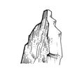 Burst rock. Piece of cliff. In style of contour engraving. Outline sketch. Hand drawing is isolated on white background