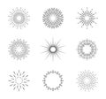 Burst of sun. Vintage sunburst with sparks. Circles with lines. Shine of star rays. Starburst icons and radial sunbeam. Light