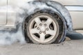 Burst tire on the road Royalty Free Stock Photo