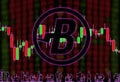 BurstCoin BURST cryptocurrency. Background of blurry numbers and candlestick chart. Silhouettes of office workers