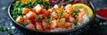 Bursting with color and flavor, a vibrant poke bowl brimming with fresh seafood and crisp veget