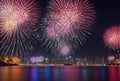 Bursting fireworks burst forth in a dazzling array against the canvas of the night sky, their vibrant colors and