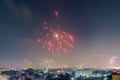 Bursting fireworks during the Divali festival of light over the city of Chennai in South India