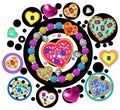 Bursting with love and passion. Various hearts in different colours and sizes filled with various gems.