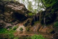 Burta Gural waterfall on the Sudenytsya River, Derzhanivka Khmelnytskyi Oblast. Summer day, beautiful nature of Ukraine.