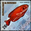 BURUNDI - CIRCA 1974: postage stamp, printed in Burundi, shows a fish Atlantic Bigeye, Priacanthus arenatus