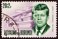 BURUNDI - CIRCA 1966: A stamp printed in Burundi shows President Kennedy and memorial library