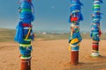 Buryat pillars and village in the distance