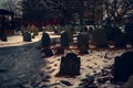 Salem, USA- March 03, 2019: The Burying Point Cemetery, also known as Charter Street Cemetery, dates back to at least 1637. A