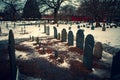 Salem, USA- March 03, 2019: The Burying Point Cemetery, also known as Charter Street Cemetery, dates back to at least 1637. A